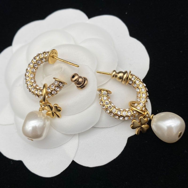 Hot Dior Clair D Lune Earrings Metal, White Crystals and White Resin Pearl Gold