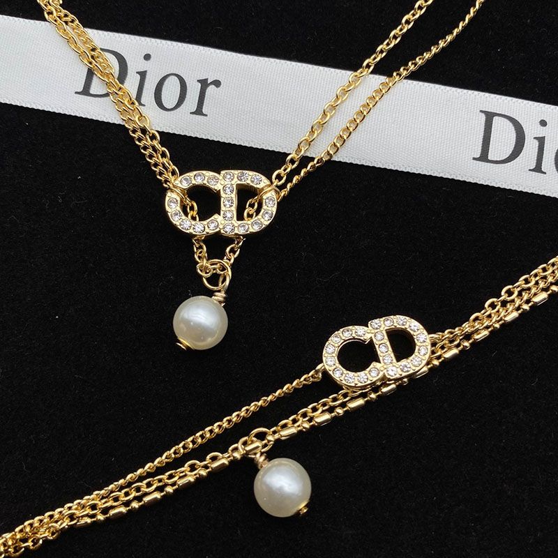 Hot Dior Clair D Lune Necklace Metal And White Crystals With A White Resin Pearl Gold