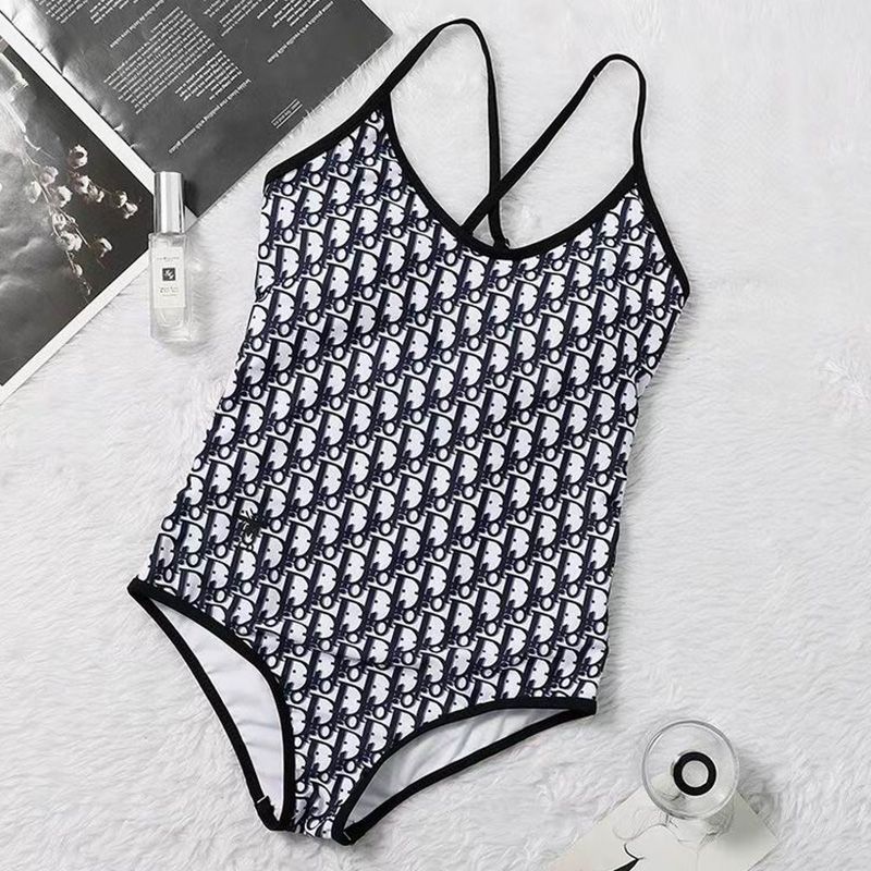 Hot Dior Crisscross Swimsuit Women Oblique with Bee CD Motif Lycra Black