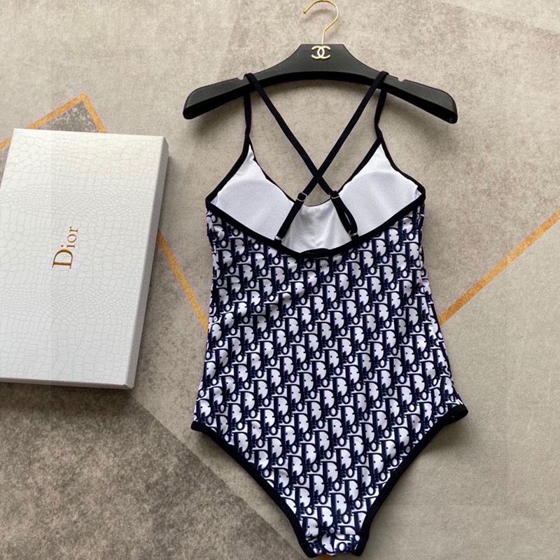 Hot Dior Crisscross Swimsuit Women Oblique with Bee CD Motif Lycra Navy Blue