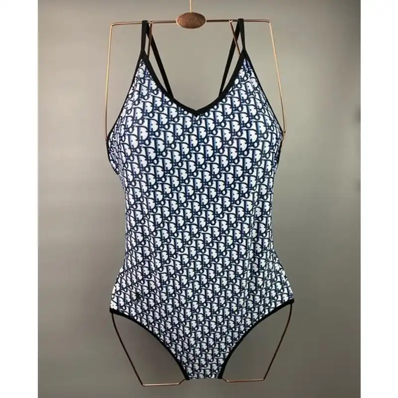 Hot Dior Crisscross Swimsuit Women Oblique with Bee CD Motif Lycra Blue