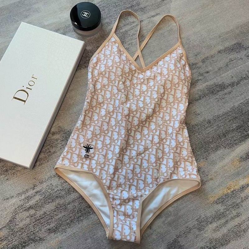 Dior Crisscross Swimsuit Women Oblique with Bee CD Motif Lycra Khaki Hot Sale