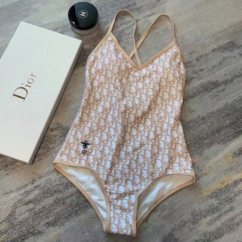 Hot Dior Crisscross Swimsuit Women Oblique with Bee CD Motif Lycra Khaki