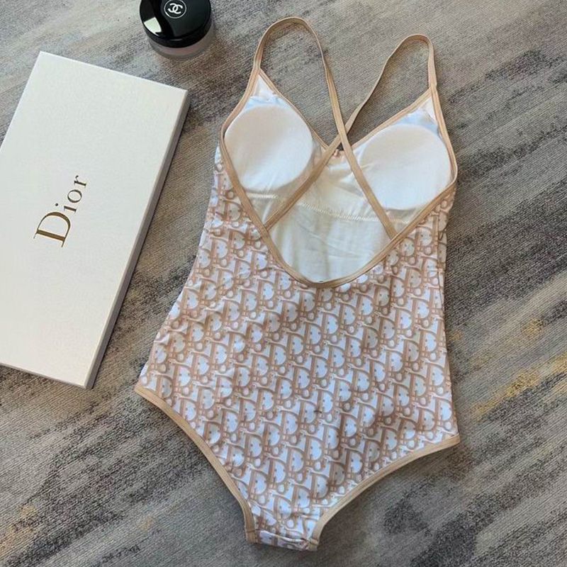 Dior Crisscross Swimsuit Women Oblique with Bee CD Motif Lycra Khaki