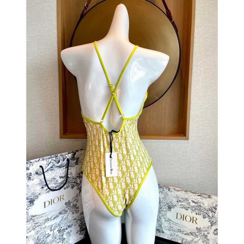 Dior Crisscross Swimsuit Women Oblique with Bee CD Motif Lycra Green Hot Sale