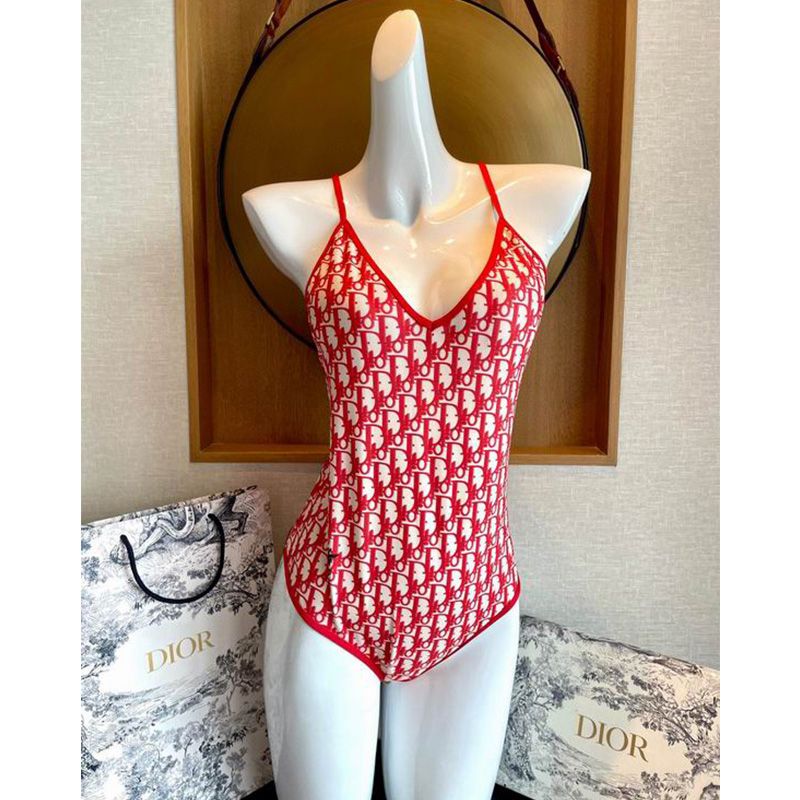 Hot Dior Crisscross Swimsuit Women Oblique with Bee CD Motif Lycra Red