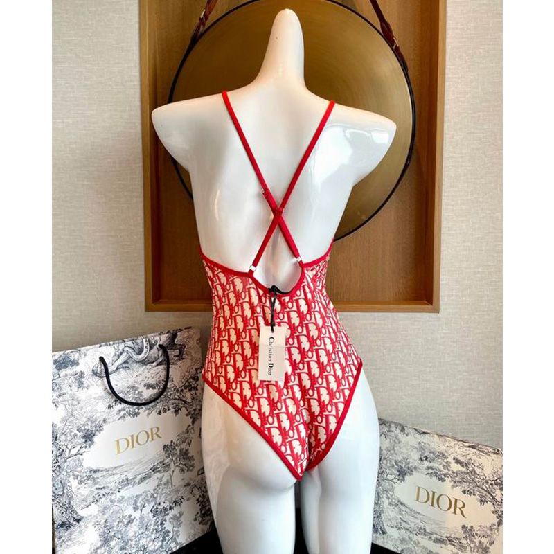 Hot Dior Crisscross Swimsuit Women Oblique with Bee CD Motif Lycra Red