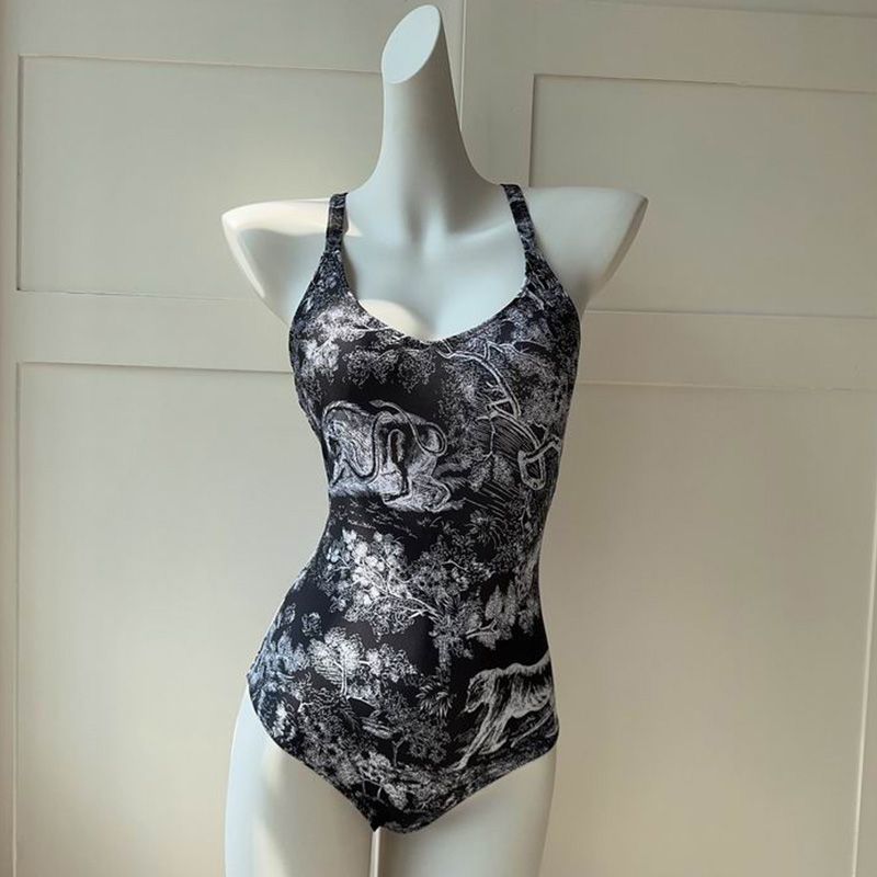 Hot Dior Crisscross Swimsuit Women Toile De Jouy Motif Lycra Black