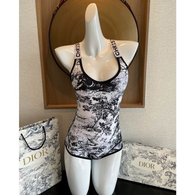 Hot Dior Crisscross Swimsuit Women Toile De Jouy Motif Lycra White