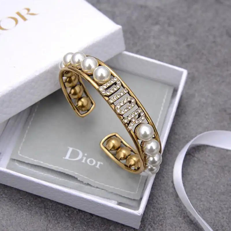 Cheap Hot Dior Cuff Bracelet Antique Metal with White Resin Pearls and White Crystals Gold