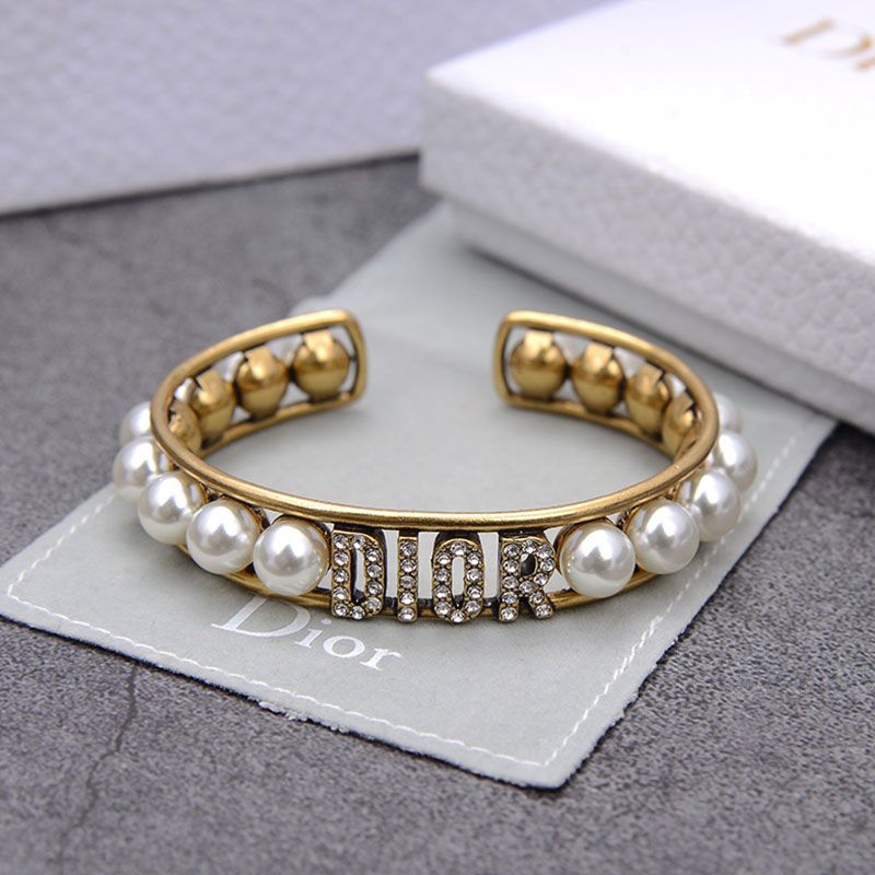 Dior Cuff Bracelet Antique Metal with White Resin Pearls and White Crystals Gold