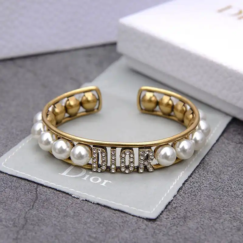 Cheap Hot Dior Cuff Bracelet Antique Metal with White Resin Pearls and White Crystals Gold