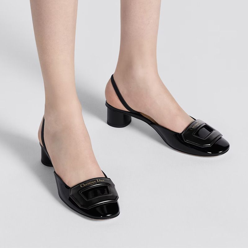 Hot Dior Day Slingback Pumps Women Patent Calfskin Black