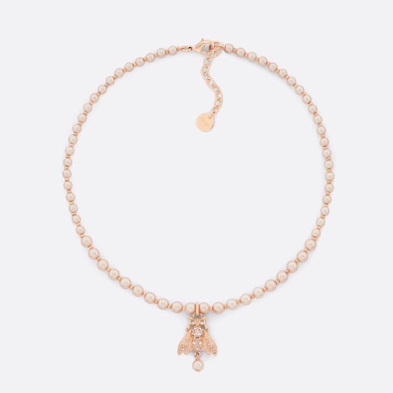 Hot Dior D-Bee Necklace Metal with Pearls and Crystals Pink