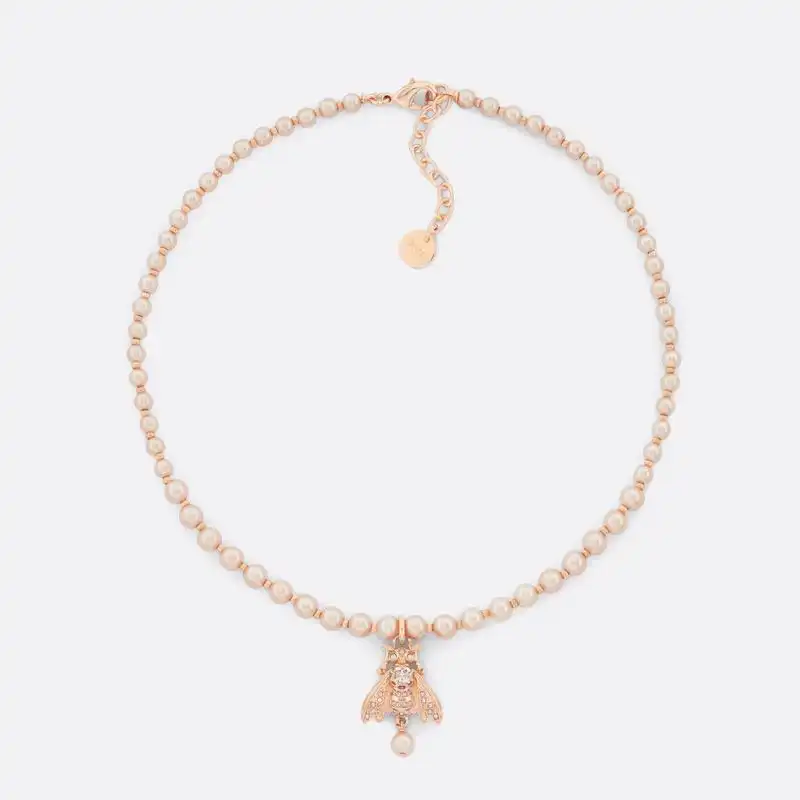 Hot Dior D-Bee Necklace Metal with Pearls and Crystals Pink