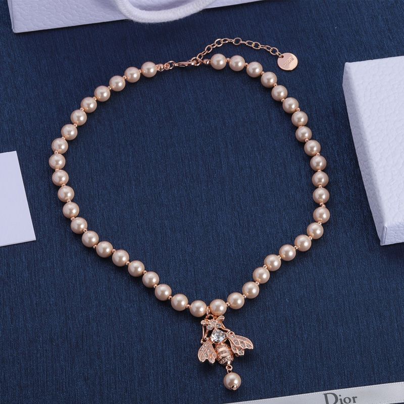 Dior D-Bee Necklace Metal with Pearls and Crystals Pink Hot Sale