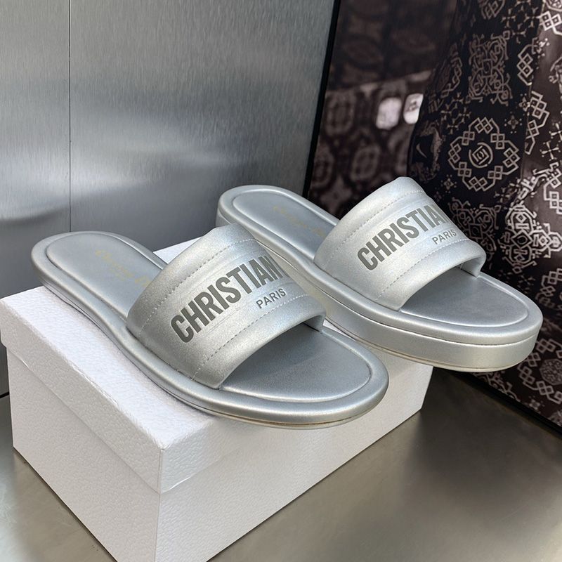 Dior Every-D Slides Women Lambskin Silver Hot Sale