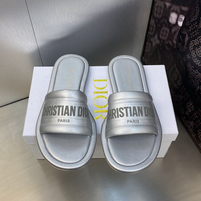 Dior Every-D Slides Women Lambskin Silver Hot Sale