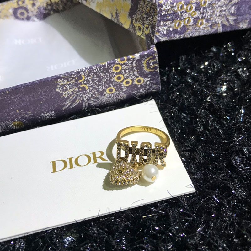 Diorevolution Ring Metal and White Crystals with Resin Pearls Gold Hot Sale