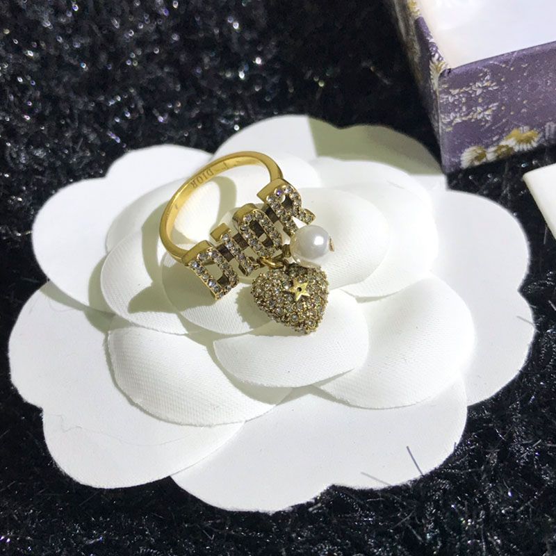 Diorevolution Ring Metal and White Crystals with Resin Pearls Gold Hot Sale