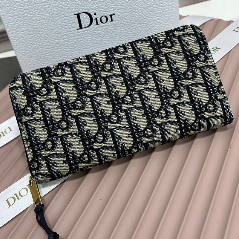 Dior Gold Zipped Zip Wallet Oblique Motif Canvas Blue Hot Sale