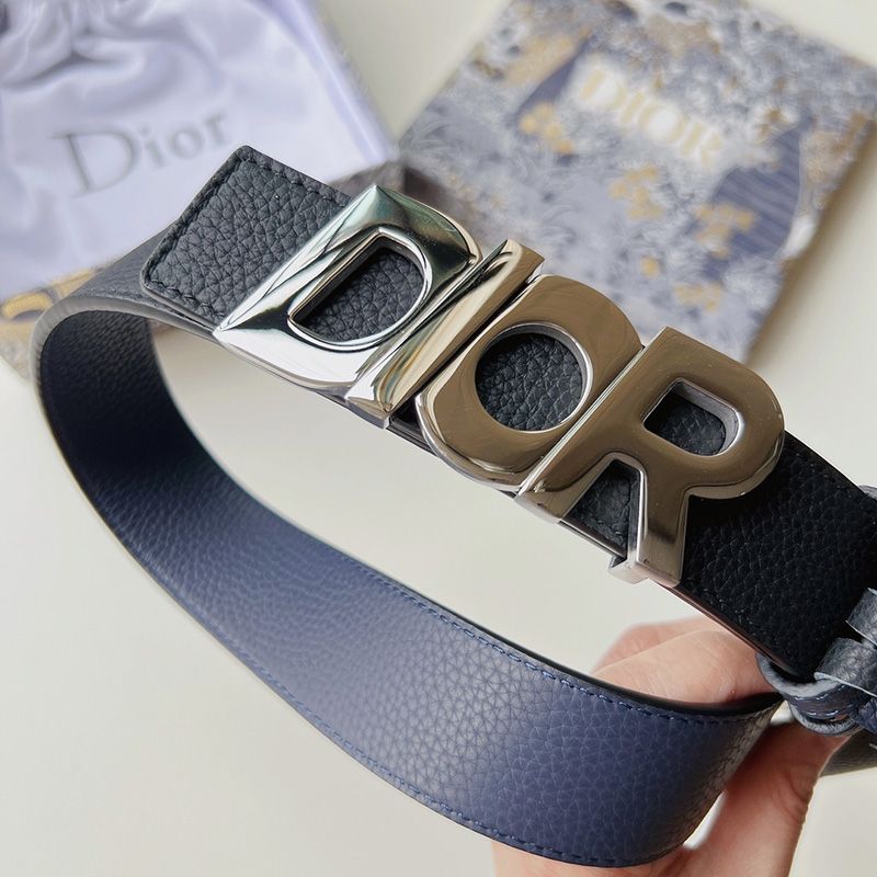 Dior Italic Buckle Reversible Belt Grained Calfskin Blue Hot Sale