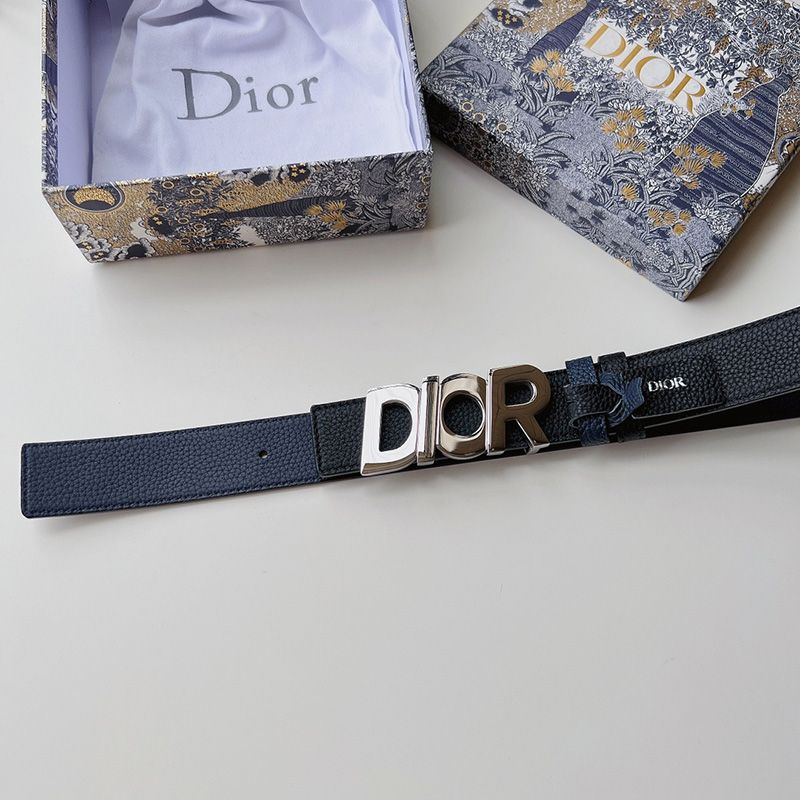 Dior Italic Buckle Reversible Belt Grained Calfskin Blue Hot Sale