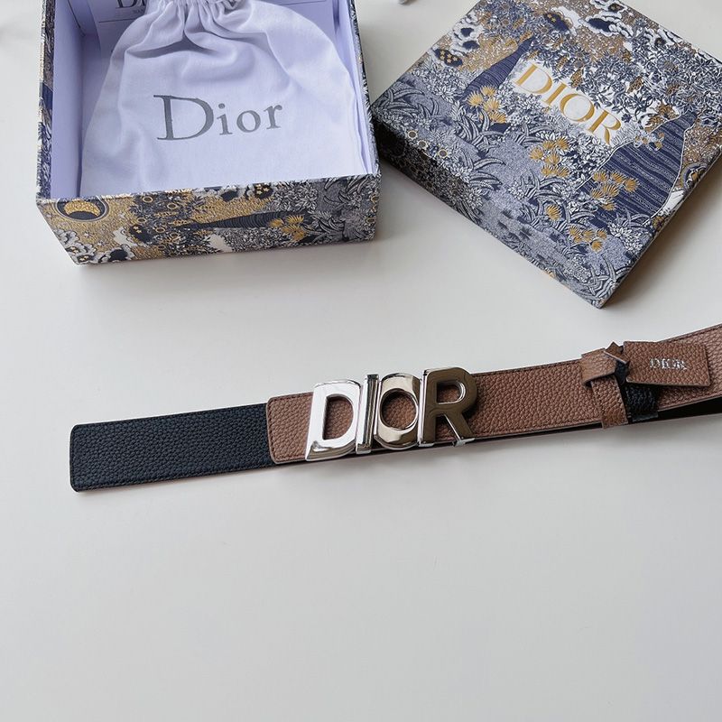 Hot Dior Italic Buckle Reversible Belt Grained Calfskin Brown