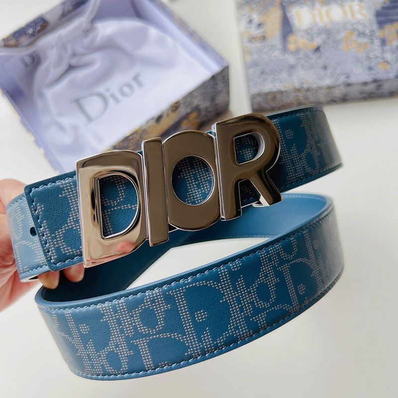 Dior Italic Buckle Reversible Belt Oblique Galaxy Leather Blue Hot Sale