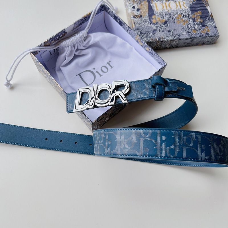 Hot Dior Italic Buckle Reversible Belt Oblique Galaxy Leather Blue