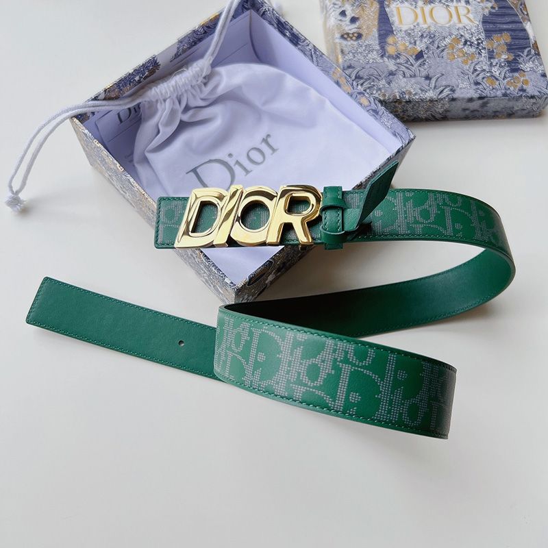 Hot Dior Italic Buckle Reversible Belt Oblique Galaxy Leather Green