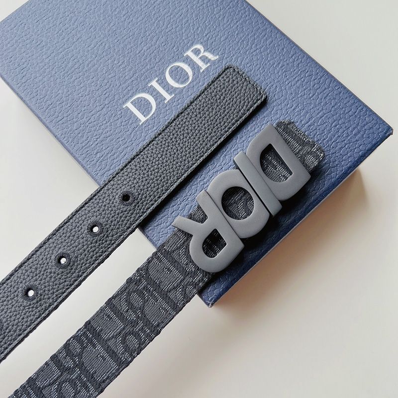 Hot Dior Italic Buckle Reversible Belt Oblique Motif Canvas Black