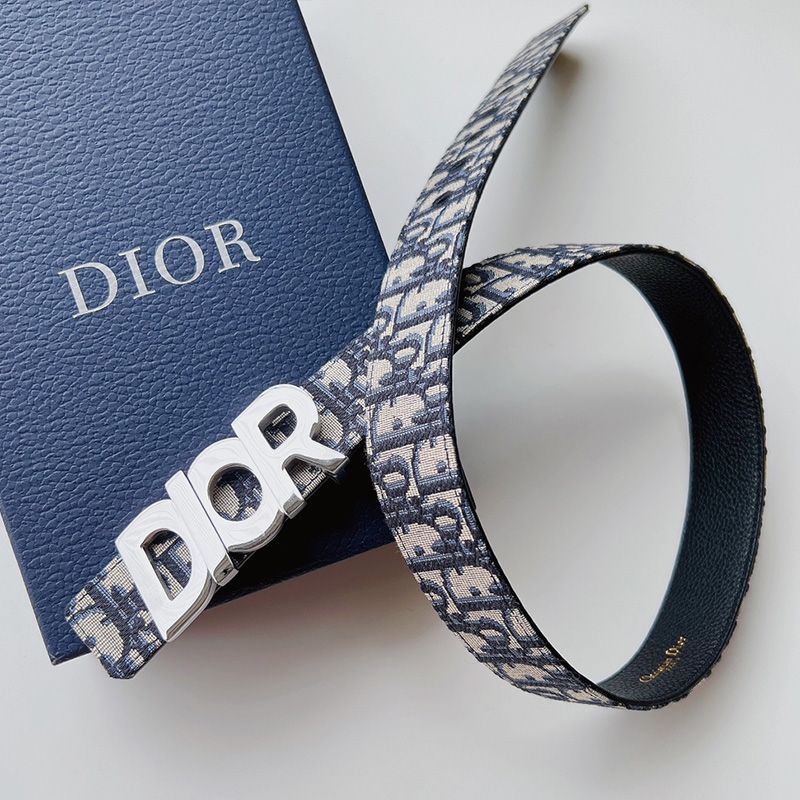 Hot Dior Italic Buckle Reversible Belt Oblique Motif Canvas Blue