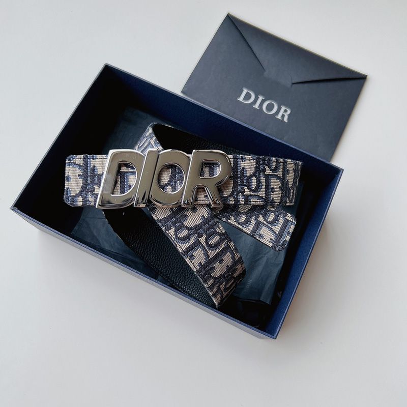 Hot Dior Italic Buckle Reversible Belt Oblique Motif Canvas Blue