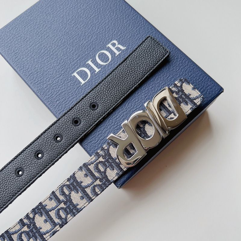 Hot Dior Italic Buckle Reversible Belt Oblique Motif Canvas Blue