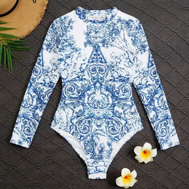 Hot Dior Bodysuit Women Around The World Motif Lycra Blue