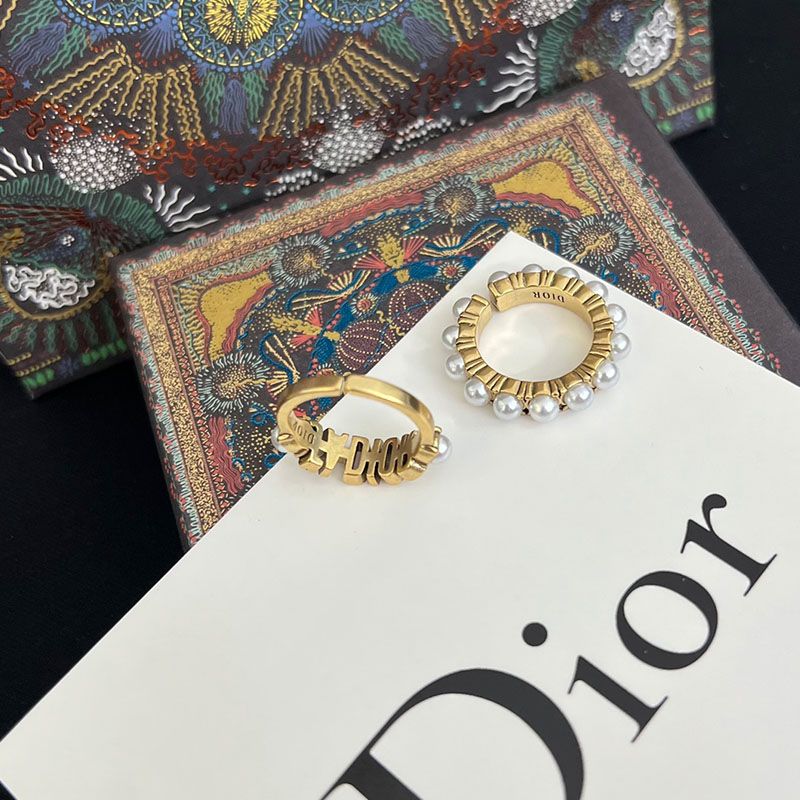 Hot Dior Open Chain J'ADIOR Ring Set Metal and Resin Pearls Gold