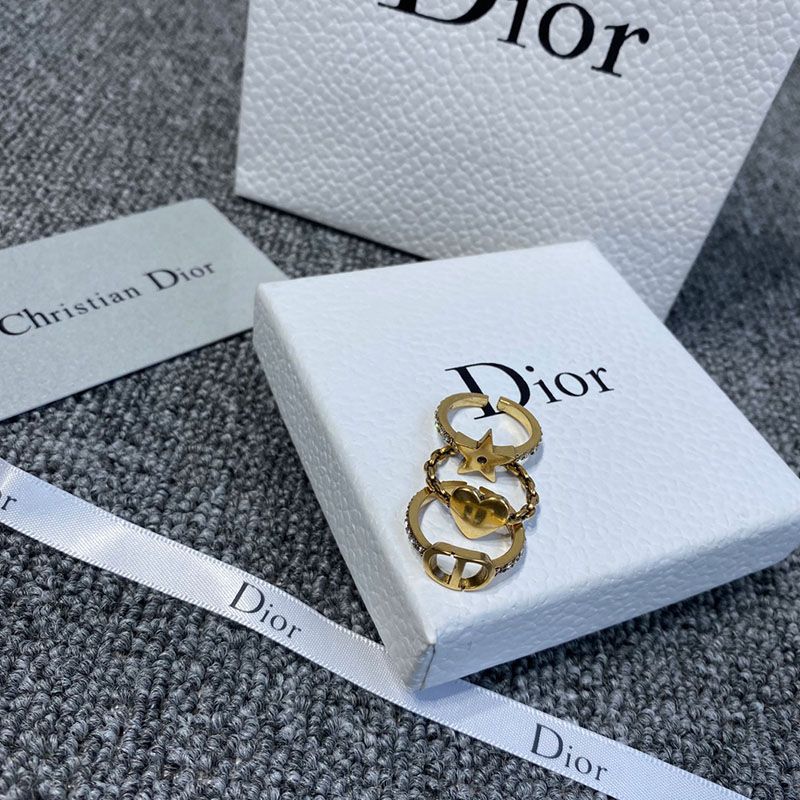 Hot Dior Open Chain Knuckle Ring Set Metal and White Crystals Gold