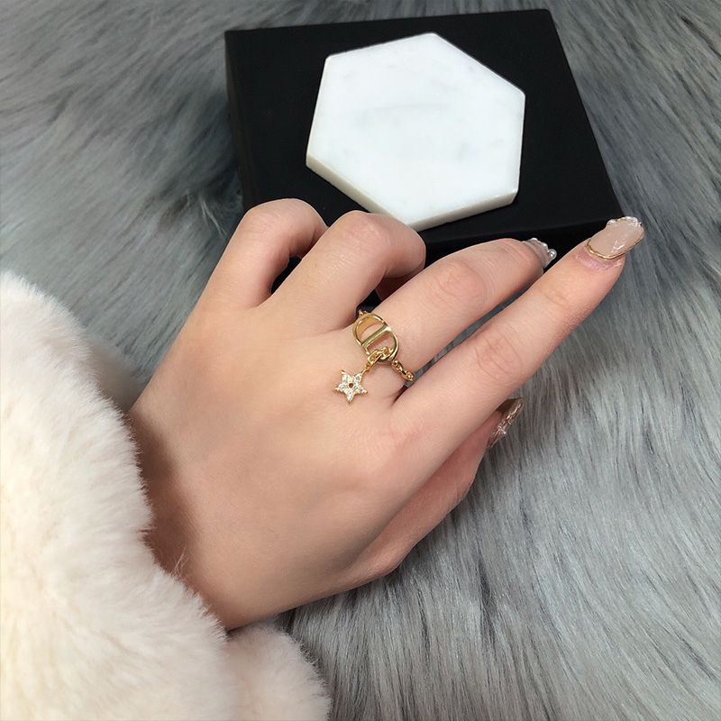 Hot Dior Petit CD Ring Metal and White Crystals Gold