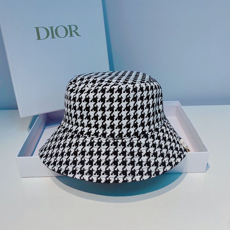 Dior Reversible Bucket Hat Safety Pin Logo Houndstooth Motif Cotton Black Hot Sale