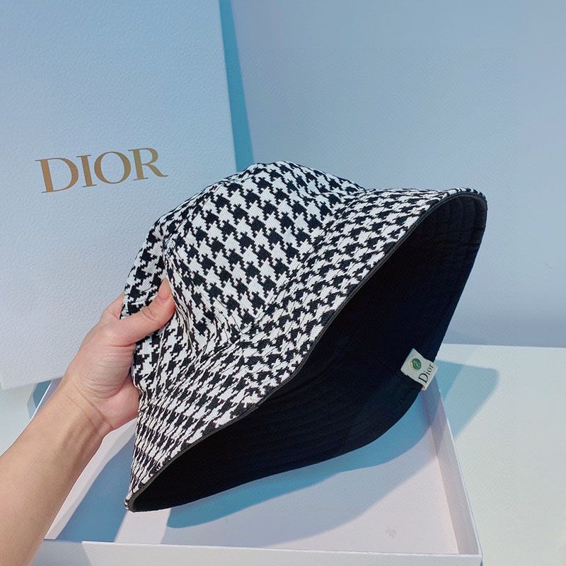 Dior Reversible Bucket Hat Safety Pin Logo Houndstooth Motif Cotton Black Hot Sale