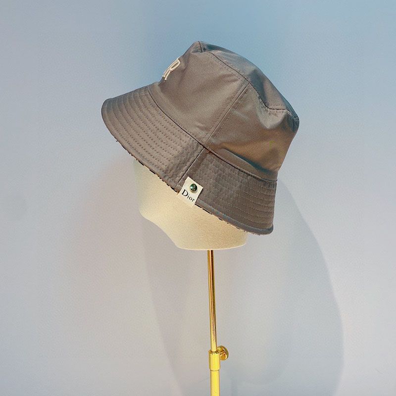 Hot Dior Reversible Bucket Hat Safety Pin Logo Houndstooth Motif Cotton Grey