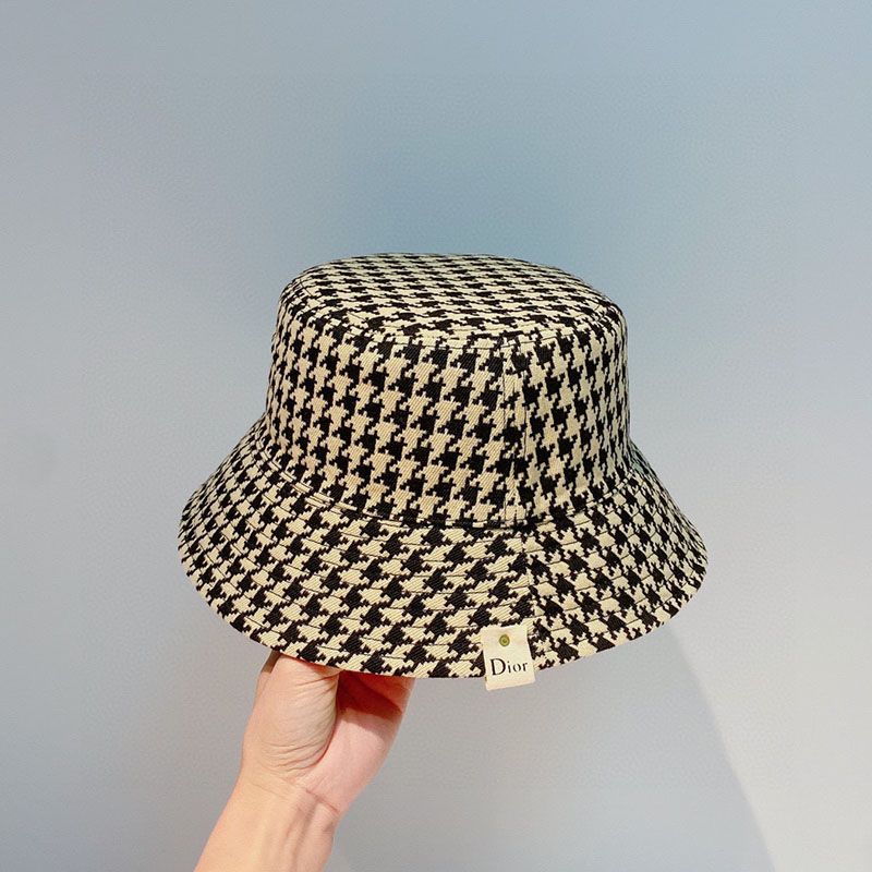 Hot Dior Reversible Bucket Hat Safety Pin Logo Houndstooth Motif Cotton Grey