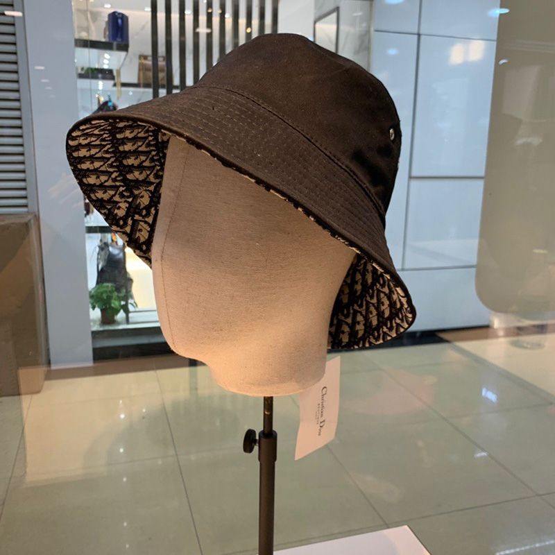 Hot Dior Reversible Bucket Hat Teddy Oblique Motif Cotton Black