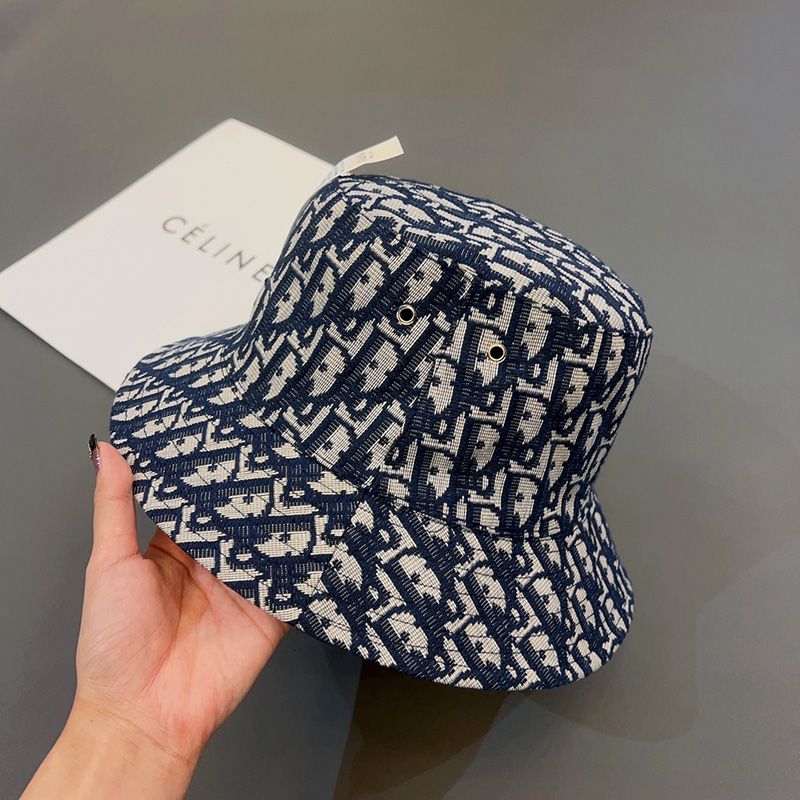 Hot Dior Reversible Bucket Hat Teddy Oblique Motif Cotton Blue