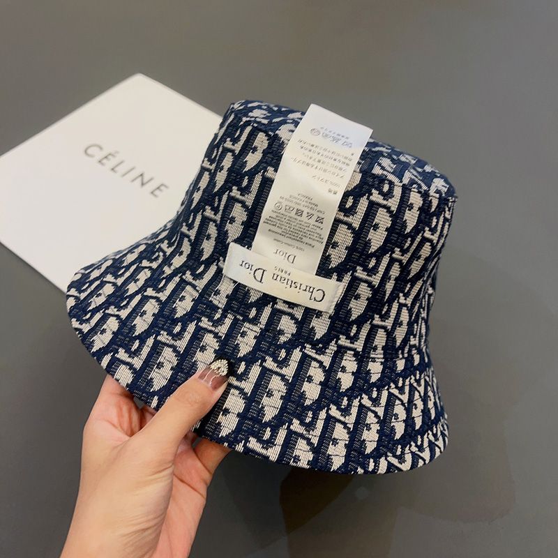 Hot Dior Reversible Bucket Hat Teddy Oblique Motif Cotton Blue