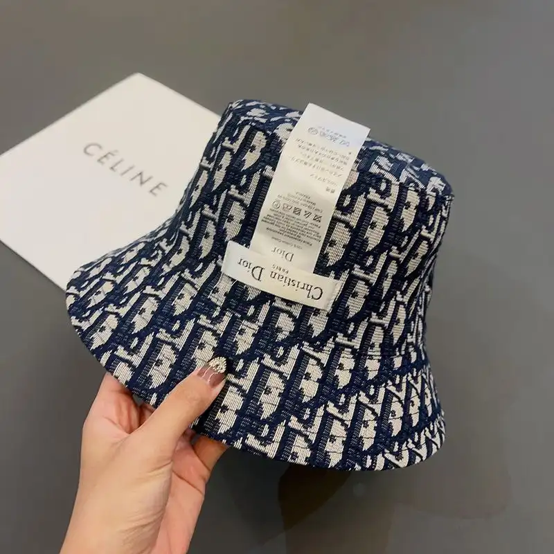 Cheap Hot Dior Reversible Bucket Hat Teddy Oblique Motif Cotton Blue