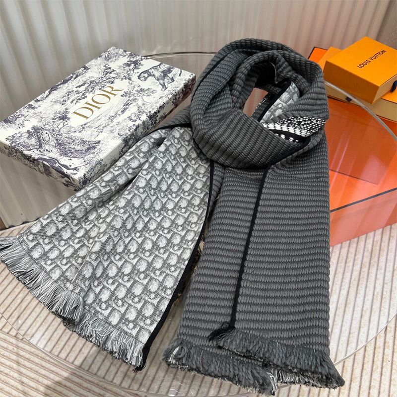 Dior Reversible Scarf University Oblique Motif Silk and Wool Grey