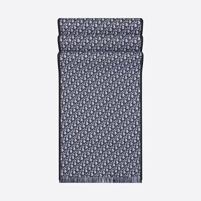 Cheap Hot Dior Reversible Scarf University Oblique Motif Silk and Wool Navy Blue