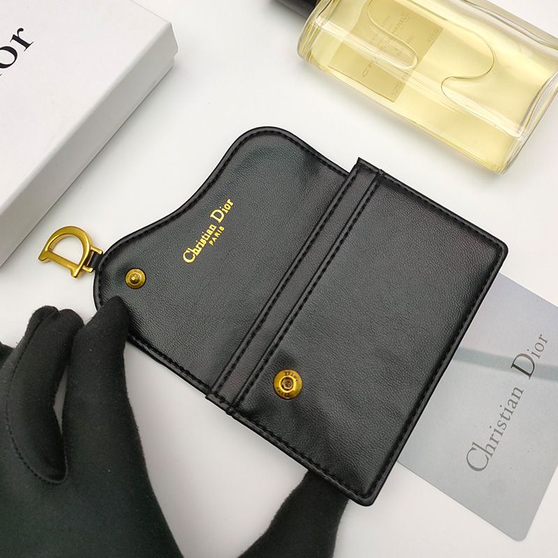 Hot Dior Saddle Flap Card Holder Goatskin Black